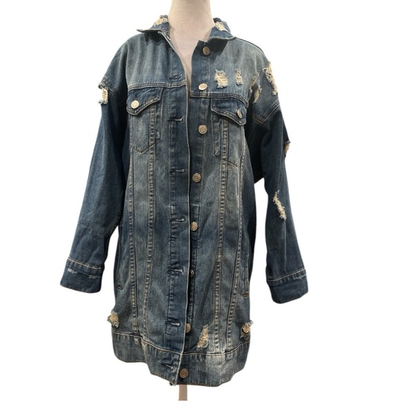 Oversized Distressed Denim Shacket Jacket Indie Sleaze Grunge Festival S - Picture 2 of 7